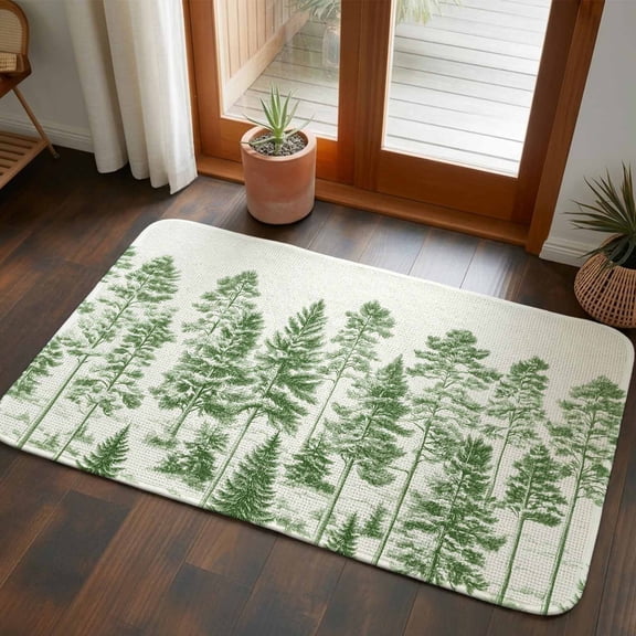 Front Door Mat Indoor Outdoor 19.7"x31.5", Green Pine Tree Absorbent Non Slip Welcome Mat, Vintage Watercolor Botanical Low Profile Entryway Rug for Front Entrance Porch Back Door Patio