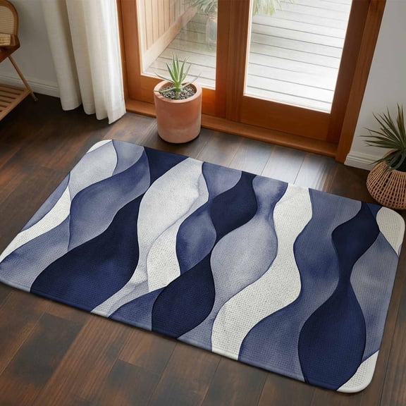 Front Door Mat Indoor Outdoor 19.7"x31.5", Navy Blue Absorbent Non Slip Welcome Mat, Modern Moire Abstract Ripple Geometric Low Profile Entryway Rug for Front Entrance Porch Back Door Patio