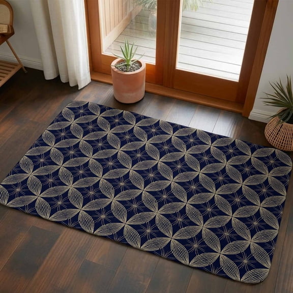 Front Door Mat Indoor Outdoor 19.7"x31.5", Navy Blue Geometric Absorbent Non Slip Welcome Mat, Brown Modern Abstract Art Aesthetics Low Profile Entryway Rug for Front Entrance Porch Back Door Patio