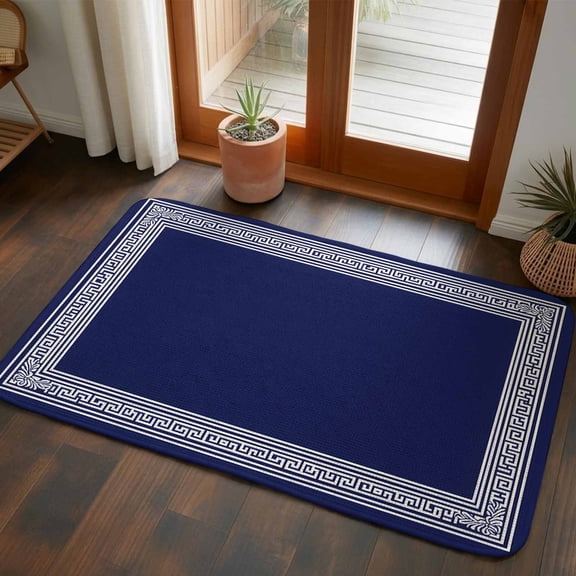 Front Door Mat Indoor Outdoor 19.7"x31.5", Navy Blue Geometric Absorbent Non Slip Welcome Mat, White Greek Key Farmhouse Low Profile Entryway Rug for Front Entrance Porch Back Door Patio