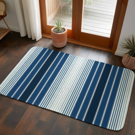 Front Door Mat Indoor Outdoor 19.7"x31.5", Navy Blue Ombre Stripe Absorbent Non Slip Welcome Mat, Farmhouse Simple Striped Low Profile Entryway Rug for Front Entrance Porch Back Door Patio