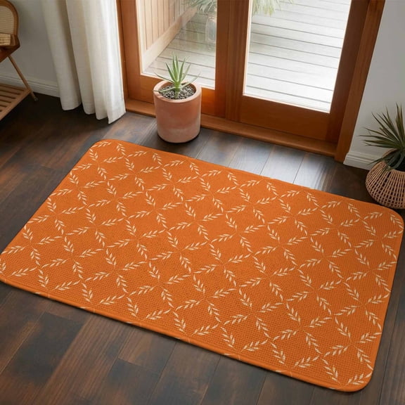 Front Door Mat Indoor Outdoor 19.7"x31.5", Orange Morocco Absorbent Non Slip Welcome Mat, Geometric Leaf Diamond Lattice Abstract Low Profile Entryway Rug for Front Entrance Porch Back Door Patio