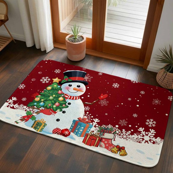 Front Door Mat Indoor Outdoor 19.7"x31.5", Red Snowman Christmas Absorbent Non Slip Welcome Mat, Gifts Xmas Tree Winter Snowflake Low Profile Entryway Rug for Front Entrance Porch Back Door Patio