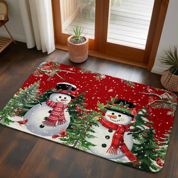 Front Door Mat Indoor Outdoor 19.7"x31.5", Red Snowman Christmas Absorbent Non Slip Welcome Mat, Xmas Tree Snowflake Winter Birds Low Profile Entryway Rug for Front Entrance Porch Back Door Patio