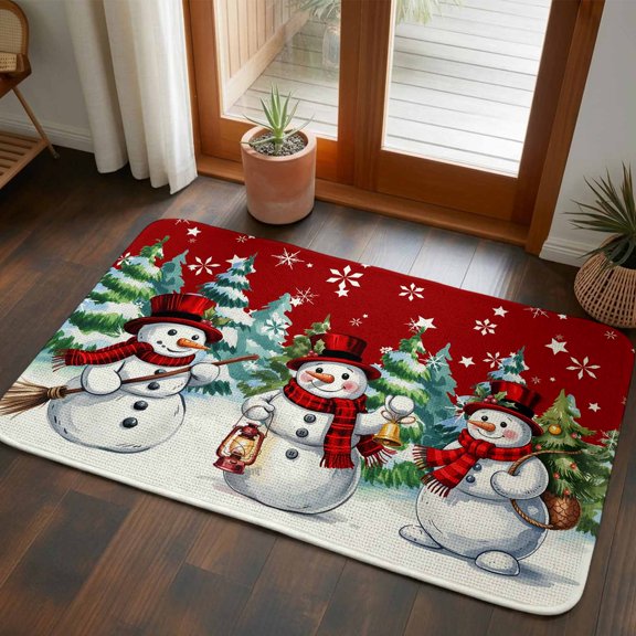 Front Door Mat Indoor Outdoor 19.7"x31.5", Red White Snowman Christmas Absorbent Non Slip Welcome Mat, Xmas Tree Snowflake Winter Low Profile Entryway Rug for Front Entrance Porch Back Door Patio
