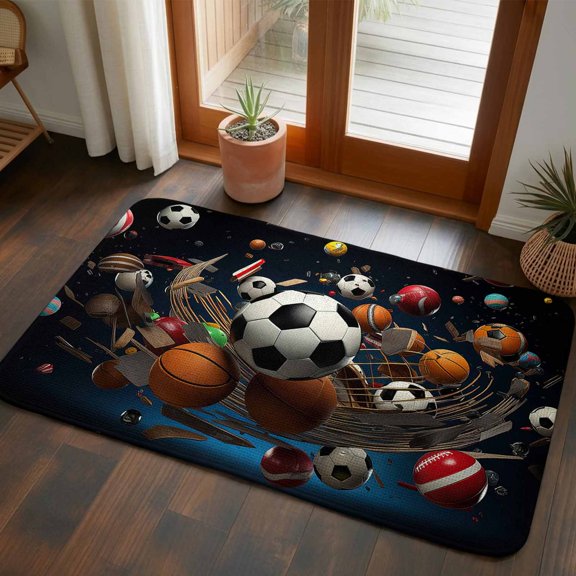 Front Door Mat Indoor Outdoor 19.7"x31.5", Sports Absorbent Non Slip Welcome Mat, Football Basketball Baseball Ball Games Low Profile Entryway Rug for Front Entrance Porch Back Door Patio