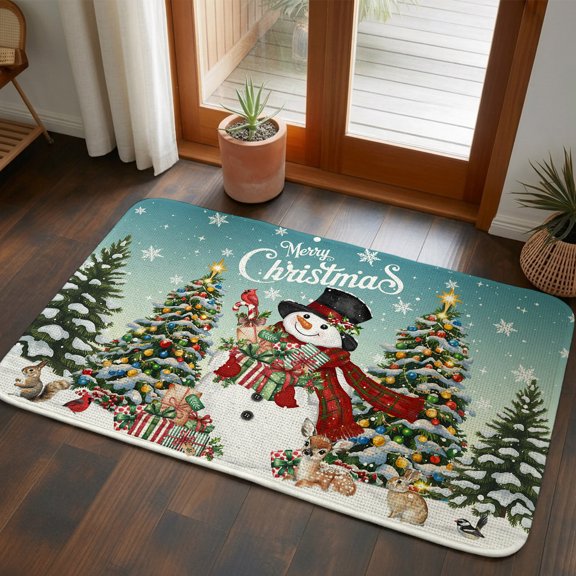 Front Door Mat Indoor Outdoor 19.7"x31.5", Teal Christmas Snowman Absorbent Non Slip Welcome Mat, Xmas Tree Snowflake Botanical Low Profile Entryway Rug for Front Entrance Porch Back Door Patio