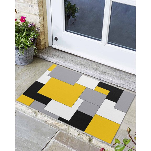 Front Door Mat Indoor Outdoor Abstract Blocks Art Paint Plaid Non-Slip Doormat Low Profile Patio Porch Entryway Rug 16x24in Yellow Grey White Black Grid