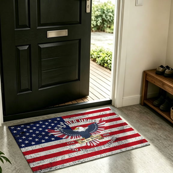 Front Door Mat Indoor Outdoor American Patriotic Eagle Non-Slip Doormat Low Profile Patio Porch Entryway Rug 18x30in Retro USA Flag Star Stripe