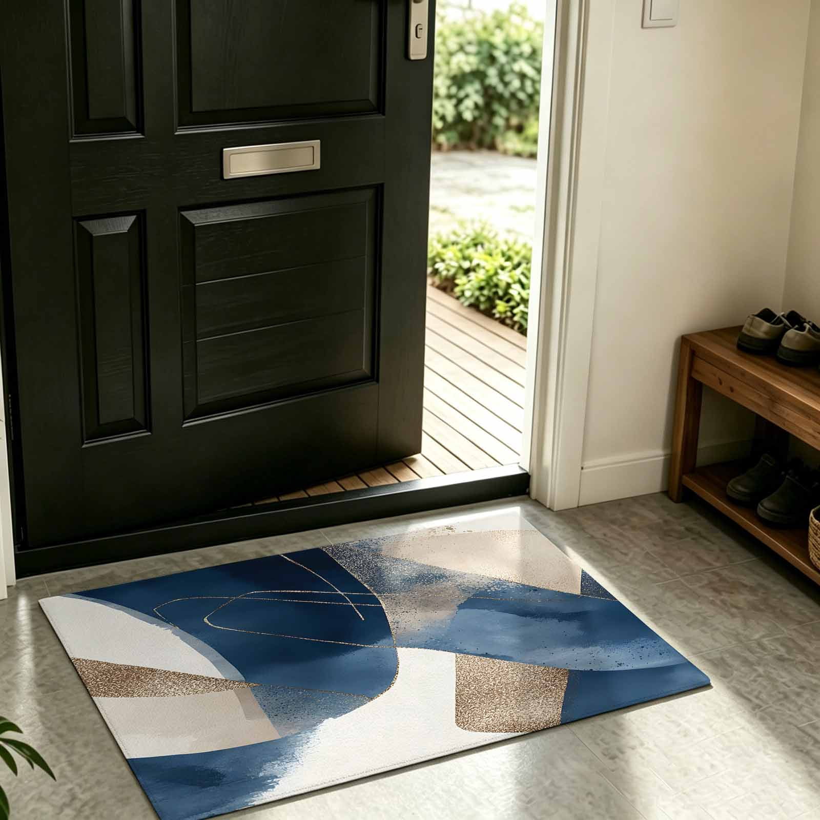 Front Door Mat Indoor Outdoor Blue Block Abstract Geometric Non-Slip ...