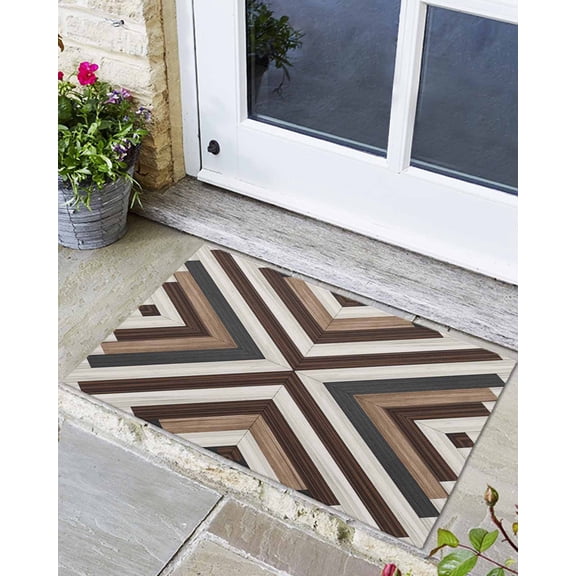 Front Door Mat Indoor Outdoor Bohemian Brown Beige Aztec Texture Non-Slip Doormat Low Profile Patio Porch Entryway Rug 24x32in Western Native Tribal