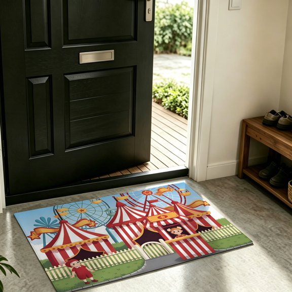 Front Door Mat Indoor Outdoor Carnival Amusement Park Non-Slip Doormat Low Profile Patio Porch Entryway Rug 24x36in Cartoon Wheelwheels Cute Kid