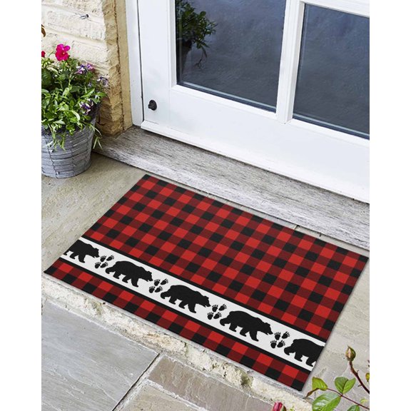 Front Door Mat Indoor Outdoor Christmas Red Black Buffalo Checker Non-Slip Doormat Low Profile Patio Porch Entryway Rug 24x32in Bear Shadow Animal Footprints