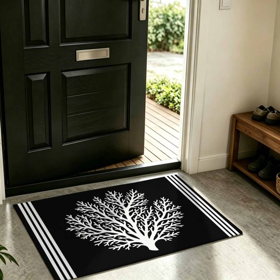 Front Door Mat Indoor Outdoor Coastal Coral Reef Texture Non-Slip Doormat Low Profile Patio Porch Entryway Rug 16x24in Ocean Theme Black White