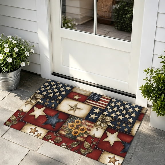Front Door Mat Indoor Outdoor Entrance, American Flag Low Profile Doormats Non-Slip Backing, Texas Star Farmhouse Sunflowers Blue Red Washable Inside Door Mat for Kitchen Bathroom, 18"x30"