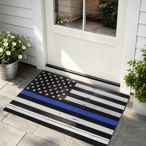 Front Door Mat Indoor Outdoor Entrance, Blue American Flag Low Profile Doormats Non-Slip Backing, Black White Stripe US Flag Retro Wooden Absorbent Welcome Mat for Entryway Hallway, 16"x24"