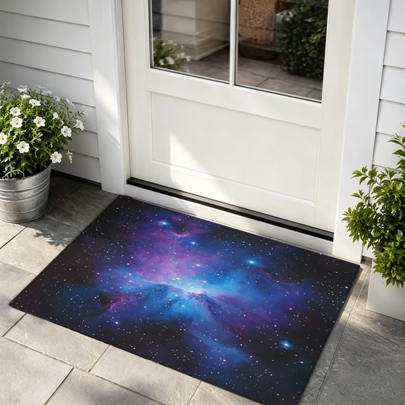 Front Door Mat Indoor Outdoor Entrance, Blue Purple Clouds Low Profile Doormats Non-Slip Backing, Modern Abstract Stars Sky Patio Rugs Welcome Mats for Backdoor Doormat, 24"x36"