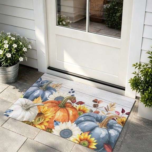 Front Door Mat Indoor Outdoor Entrance, Fall Thanksgiving Low Profile Doormats Non-Slip Backing, Orange Blue Pumpkin Eucalyptus Sunflower Absorbent Welcome Mat for Entryway Hallway, 16"x24"