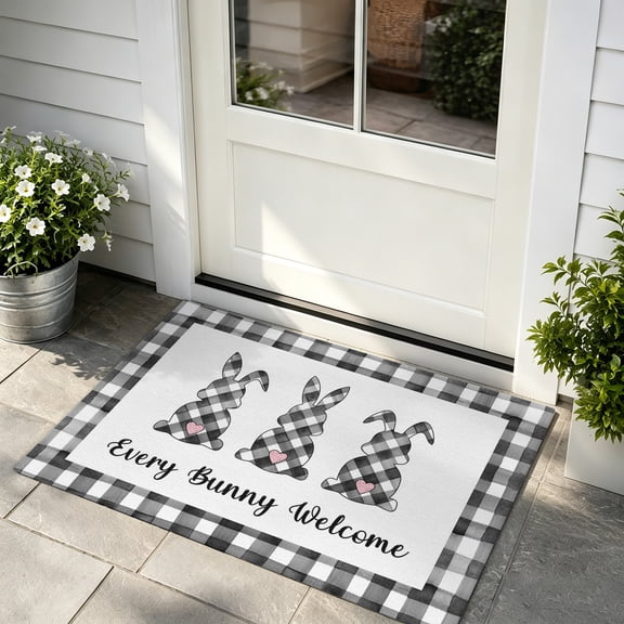Front Door Mat Indoor Outdoor Entrance, Happy Easter Black White Plaid Low Profile Doormats Non-Slip Backing, Bunny Welcome Spring Absorbent Welcome Mat for Entryway Hallway, 16"x24"