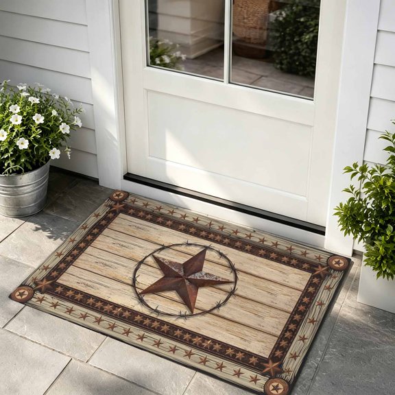 Front Door Mat Indoor Outdoor Entrance, Texas Star Brown Low Profile Doormats Non-Slip Backing, Country Star Rustic Vintage Wooden Washable Inside Door Mat for Kitchen Bathroom, 18"x30"