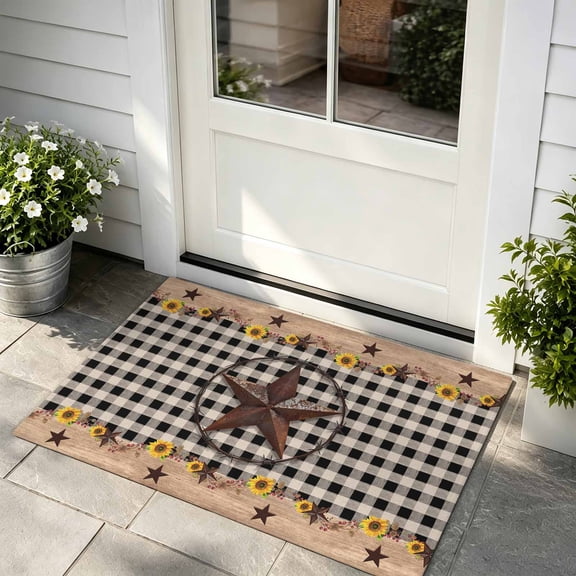 Front Door Mat Indoor Outdoor Entrance, Texas Star Vintage Low Profile Doormats Non-Slip Backing, Farmhouse Country Sunflower Black Plaid Washable Inside Door Mat for Kitchen Bathroom, 18"x30"