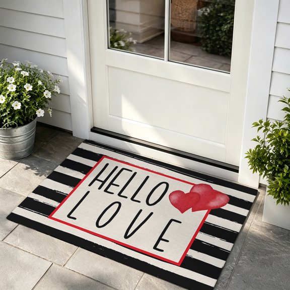 Front Door Mat Indoor Outdoor Entrance, Valentines Hello Love Low Profile Doormats Non-Slip Backing, Love Heart Black White Stripes Absorbent Welcome Mat for Entryway Hallway, 16"x24"