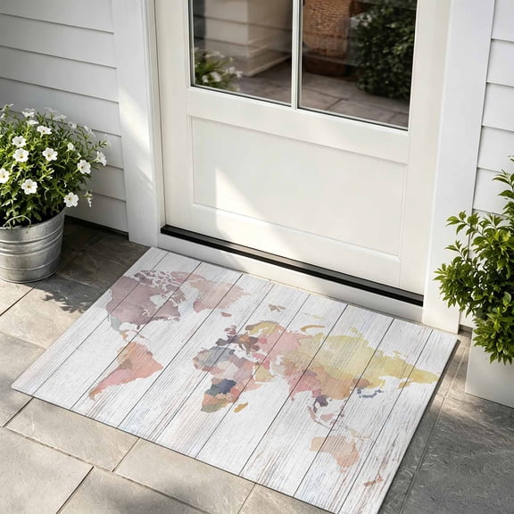 Front Door Mat Indoor Outdoor Entrance, World Map Low Profile Doormats Non-Slip Backing, Farmhouse Abstract Illustration Wooden Grain Patio Rugs Welcome Mats for Backdoor Doormat, 24"x36"