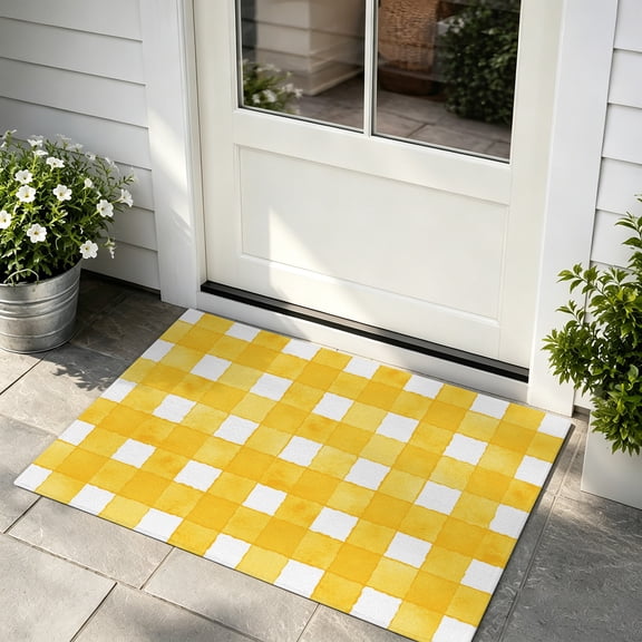 Front Door Mat Indoor Outdoor Entrance, Yellow Plaid Low Profile Doormats Non-Slip Backing, Watercolor Grid Checker Gingham Farmhouse Absorbent Welcome Mat for Entryway Hallway, 16"x24"