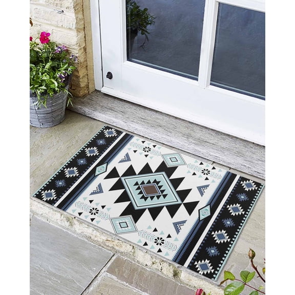 Front Door Mat Indoor Outdoor Ethnic Tribal Aztec Geometric Pattern Non-Slip Doormat Low Profile Patio Porch Entryway Rug 24x32in Blue Black White