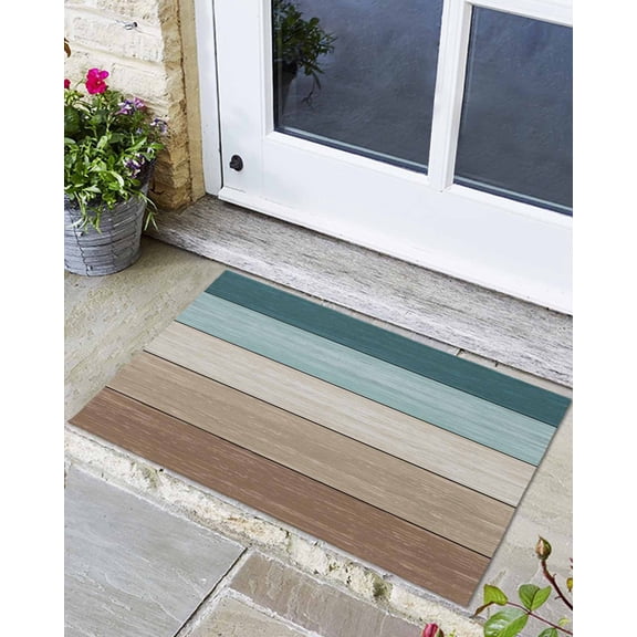 Front Door Mat Indoor Outdoor Farm Retro Wood Board Gradient Non-Slip Doormat Low Profile Patio Porch Entryway Rug 16x24in Farmhouse Barn Brown Teal Plank