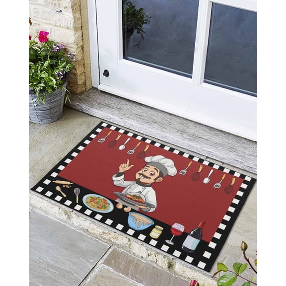 Front Door Mat Indoor Outdoor Fun Chef Kitchenware Food Burgundy Red Non-Slip Doormat Low Profile Patio Porch Entryway Rug 24x36in Black White Checker