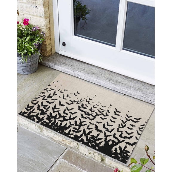 Front Door Mat Indoor Outdoor Halloween Black Bat Non-Slip Doormat Low Profile Patio Porch Entryway Rug 24x36in Seamless Bats on Linen