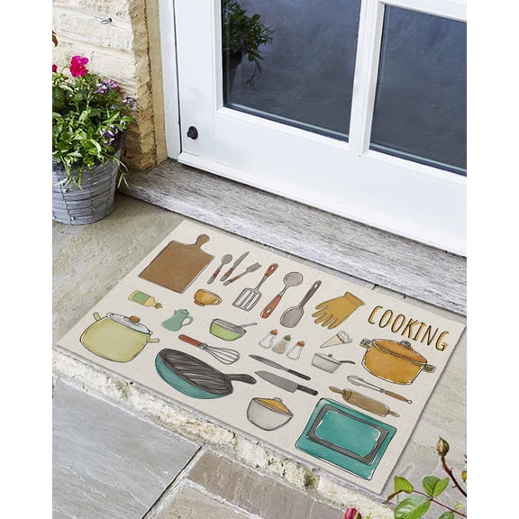 Front Door Mat Indoor Outdoor Kitchen Cooking Kitchenware Cartoon Style Non-Slip Doormat Low Profile Patio Porch Entryway Rug 16x24in Retro Linen