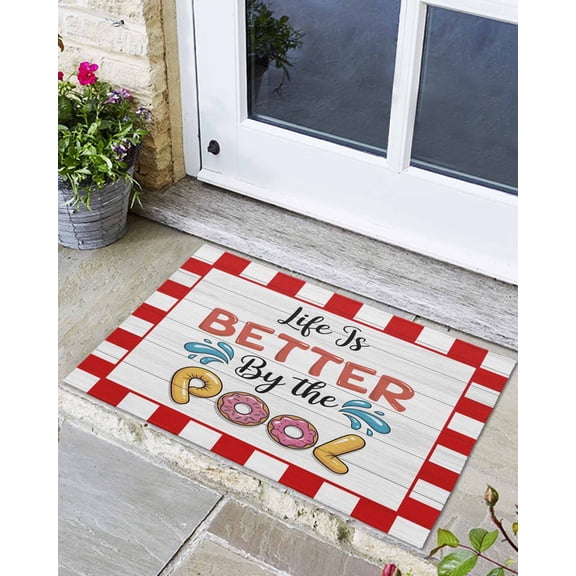 Front Door Mat Indoor Outdoor Life Is Better by The Pool Non-Slip Doormat Low Profile Patio Porch Entryway Rug 16x24in Red White Check