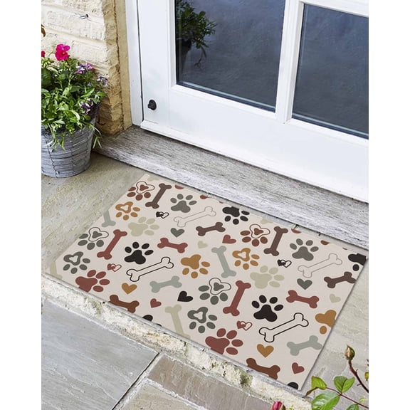 Front Door Mat Indoor Outdoor Love Bone Dog Paw Print Non-Slip Doormat Low Profile Patio Porch Entryway Rug 24x36in Animal Footprints Seamless