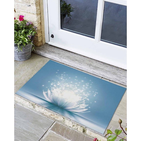 Front Door Mat Indoor Outdoor Meditation Lotus Flower Non-Slip Doormat Low Profile Patio Porch Entryway Rug 16x24in Asian Zen Spiritual