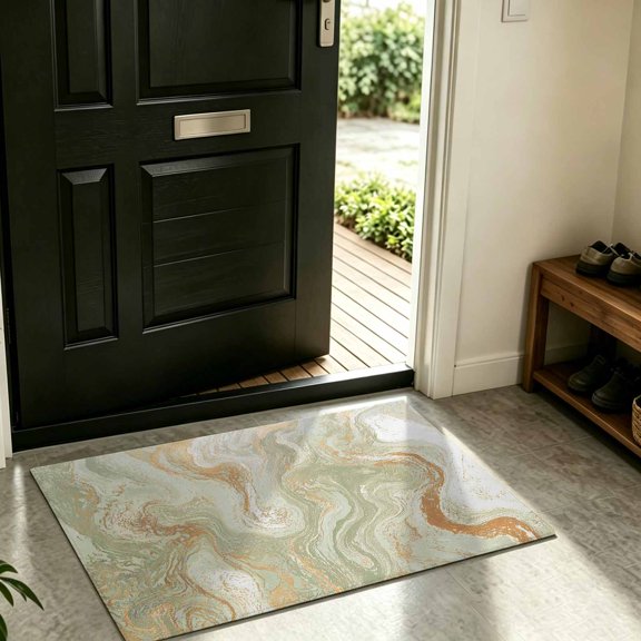 Front Door Mat Indoor Outdoor Ombre Green Brown Marble Texture Non-Slip Doormat Low Profile Patio Porch Entryway Rug 16x24in Abstract Fluid Art