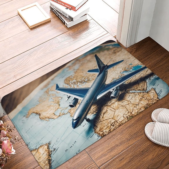 Front Door Mat Indoor Outdoor Outside Entrance - 16*24in Washable Airplane World Map Adventure Thin Bathroom Rugs Fit Under Door, Bath Rugs for Bathroom, Kitchen Rugs Mats for Floor