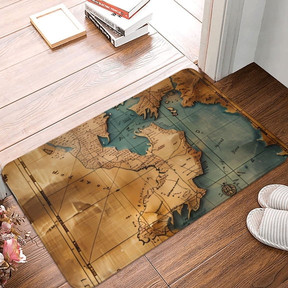 Front Door Mat Indoor Outdoor Outside Entrance - 16*24in Washable Antique Map Adventure Scene Thin Bathroom Rugs Fit Under Door, Bath Rugs for Bathroom, Kitchen Rugs Mats for Floor