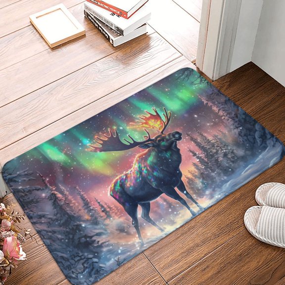Front Door Mat Indoor Outdoor Outside Entrance - 16*24in Washable Aurora Mystical Winter Moose Thin Bathroom Rugs Fit Under Door, Bath Rugs for Bathroom, Kitchen Rugs Mats for Floor