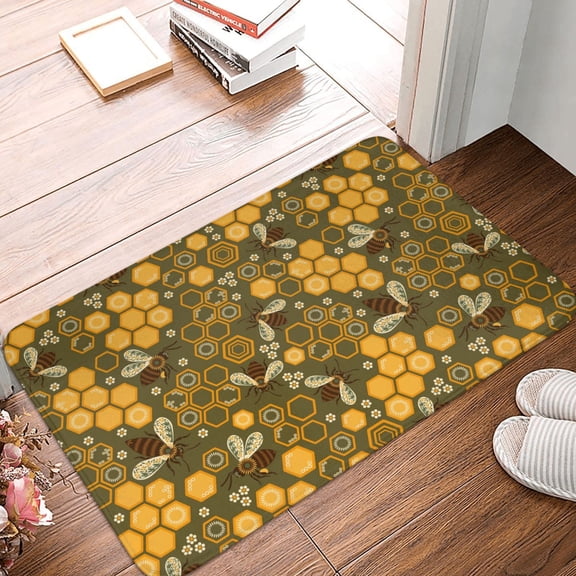 Front Door Mat Indoor Outdoor Outside Entrance - 16*24in Washable Bees And Honeycombs Thin Bathroom Rugs Fit Under Door, Bath Rugs for Bathroom, Kitchen Rugs Mats for Floor
