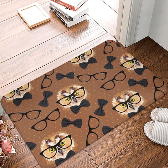 Front Door Mat Indoor Outdoor Outside Entrance - 16*24in Washable Black Bow Owl Brown Thin Bathroom Rugs Fit Under Door, Bath Rugs for Bathroom, Kitchen Rugs Mats for Floor