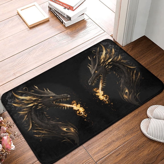 Front Door Mat Indoor Outdoor Outside Entrance - 16*24in Washable Black And Gold Fire Dragon Thin Bathroom Rugs Fit Under Door, Bath Rugs for Bathroom, Kitchen Rugs Mats for Floor