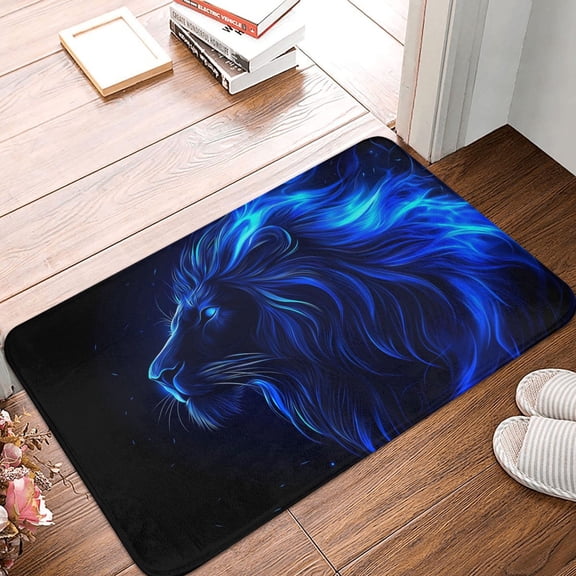 Front Door Mat Indoor Outdoor Outside Entrance - 16*24in Washable Black Lion With Blue Flames Thin Bathroom Rugs Fit Under Door, Bath Rugs for Bathroom, Kitchen Rugs Mats for Floor