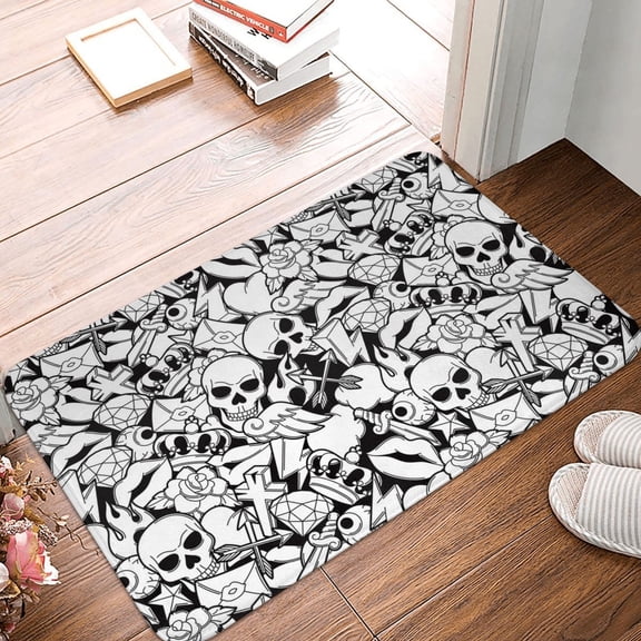 Front Door Mat Indoor Outdoor Outside Entrance - 16*24in Washable Black White Skull Thin Bathroom Rugs Fit Under Door, Bath Rugs for Bathroom, Kitchen Rugs Mats for Floor