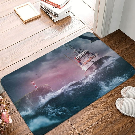 Front Door Mat Indoor Outdoor Outside Entrance - 16*24in Washable Boat Lighthouse Storm Waves Thin Bathroom Rugs Fit Under Door, Bath Rugs for Bathroom, Kitchen Rugs Mats for Floor