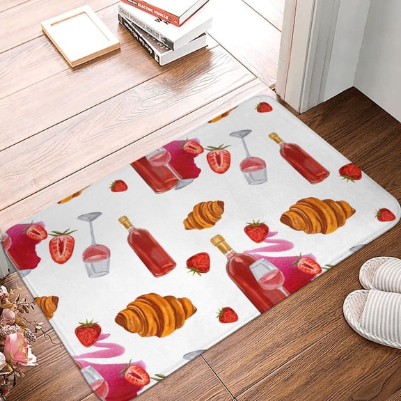 Front Door Mat Indoor Outdoor Outside Entrance - 16*24in Washable Bread Strawberry Wine Print Red Thin Bathroom Rugs Fit Under Door, Bath Rugs for Bathroom, Kitchen Rugs Mats for Floor