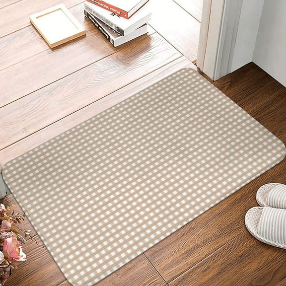 Front Door Mat Indoor Outdoor Outside Entrance - 16*24in Washable Brown Gingham Thin Bathroom Rugs Fit Under Door, Bath Rugs for Bathroom, Kitchen Rugs Mats for Floor