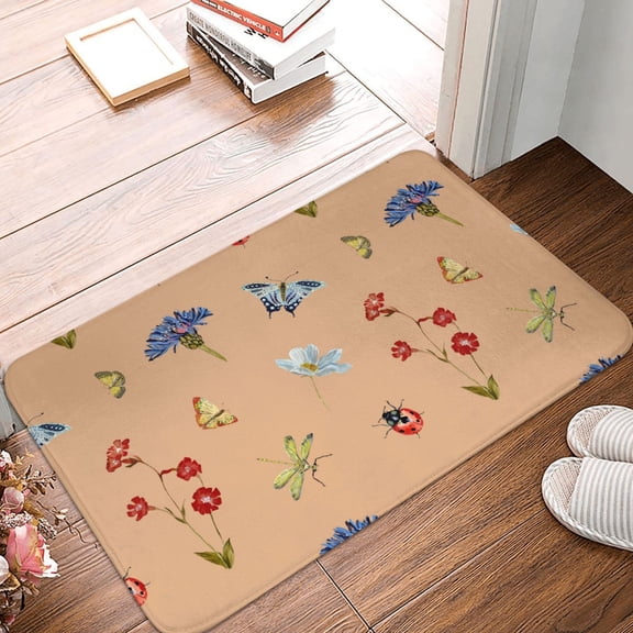 Front Door Mat Indoor Outdoor Outside Entrance - 16*24in Washable Butterflies Flowers Ladybugs Thin Bathroom Rugs Fit Under Door, Bath Rugs for Bathroom, Kitchen Rugs Mats for Floor