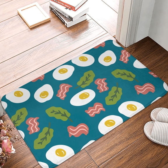Front Door Mat Indoor Outdoor Outside Entrance - 16*24in Washable Cartoon Bacon Omelette Print Thin Bathroom Rugs Fit Under Door, Bath Rugs for Bathroom, Kitchen Rugs Mats for Floor